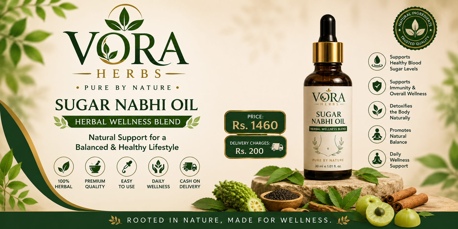 VORA HERBS Sugar Balance Nabhi Oil | Premium Herbal Wellness Blend | 30ml